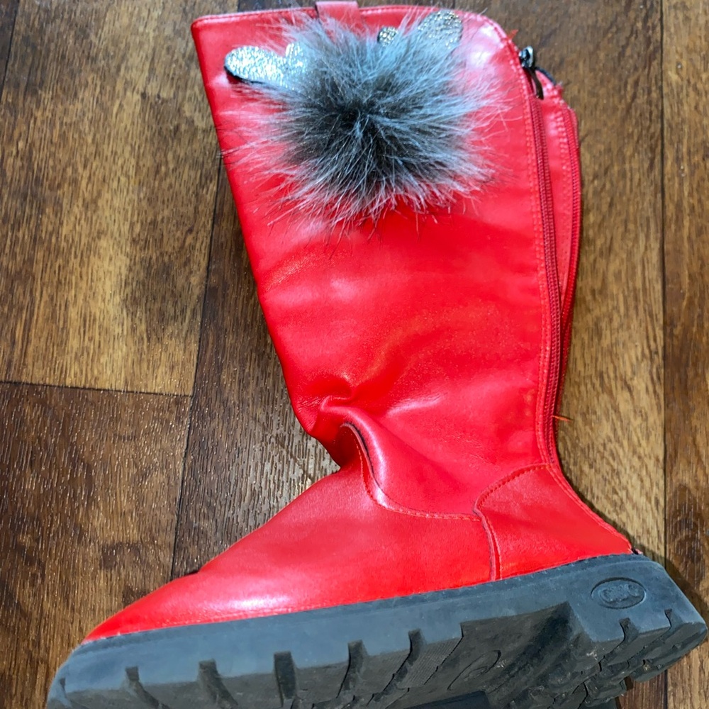 Red Leather Boots with Fur Pom Pom